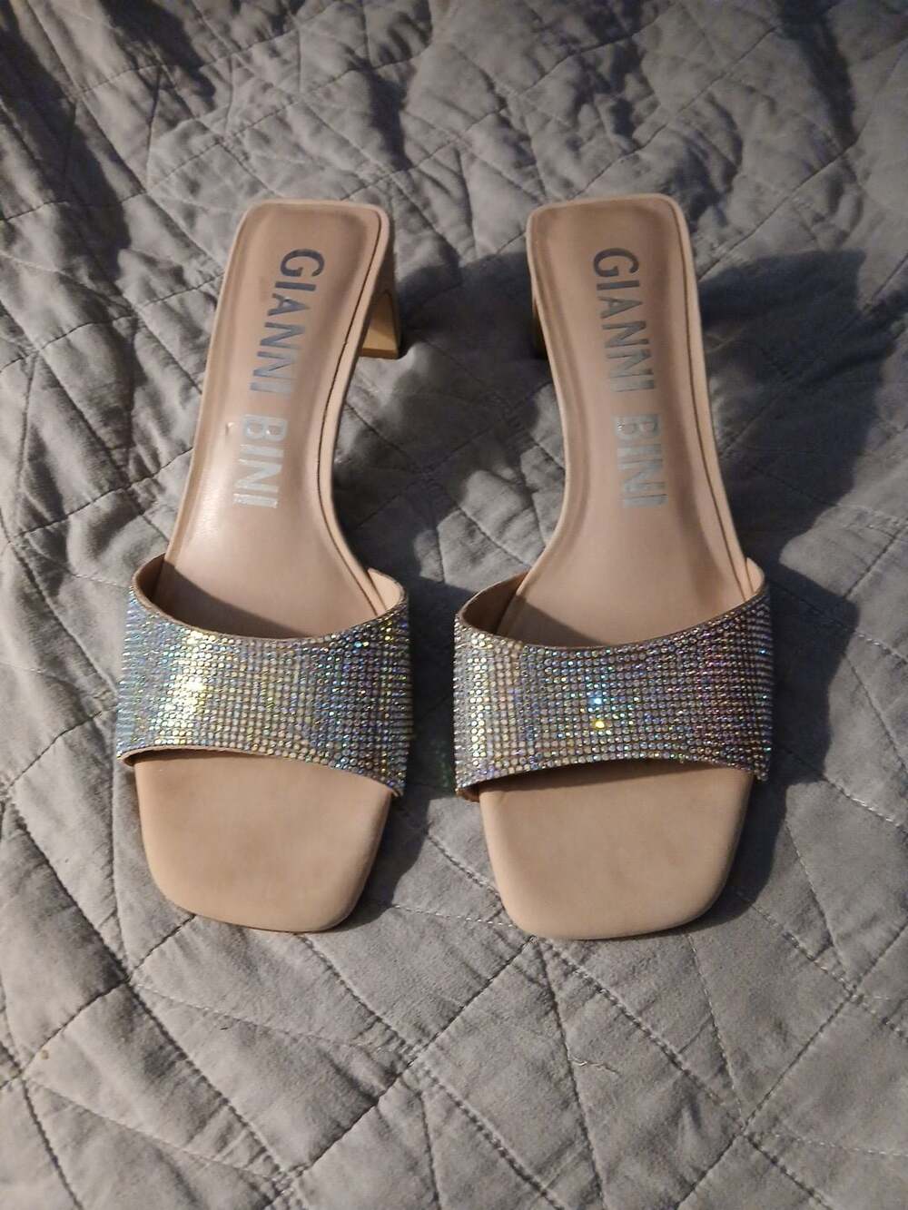 Gianni Bini Rhinestone Embellished Block Heel Slide Mules